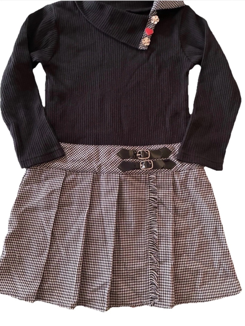 Youngland Black Long Sleeve Dress with Houndstooth Skirt Size 5